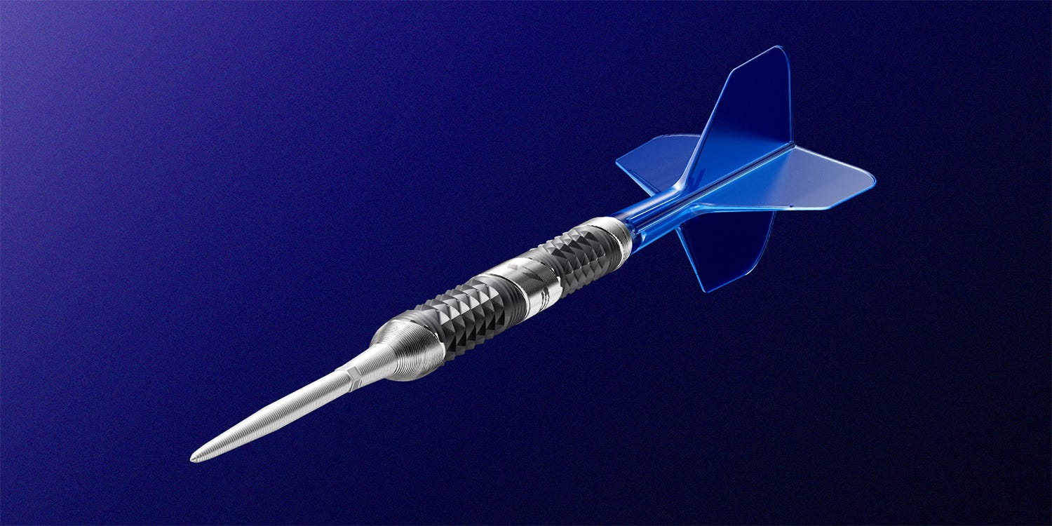 Angled view of the 975 Ultra Marine steel tip dart