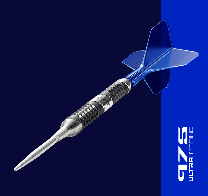 Angled view of the 975 Ultra Marine steel tip darts with 975 Ultra Marine logo