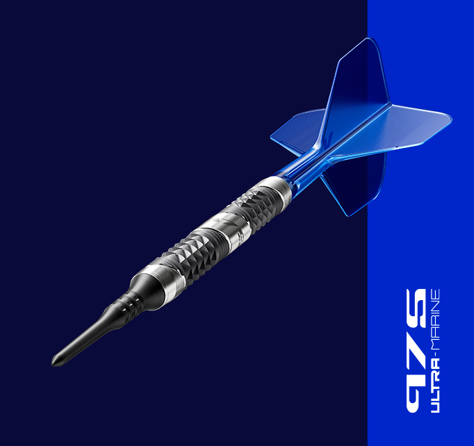 Angled view of the 975 Ultra Marine soft tip darts with 975 Ultra Marine logo