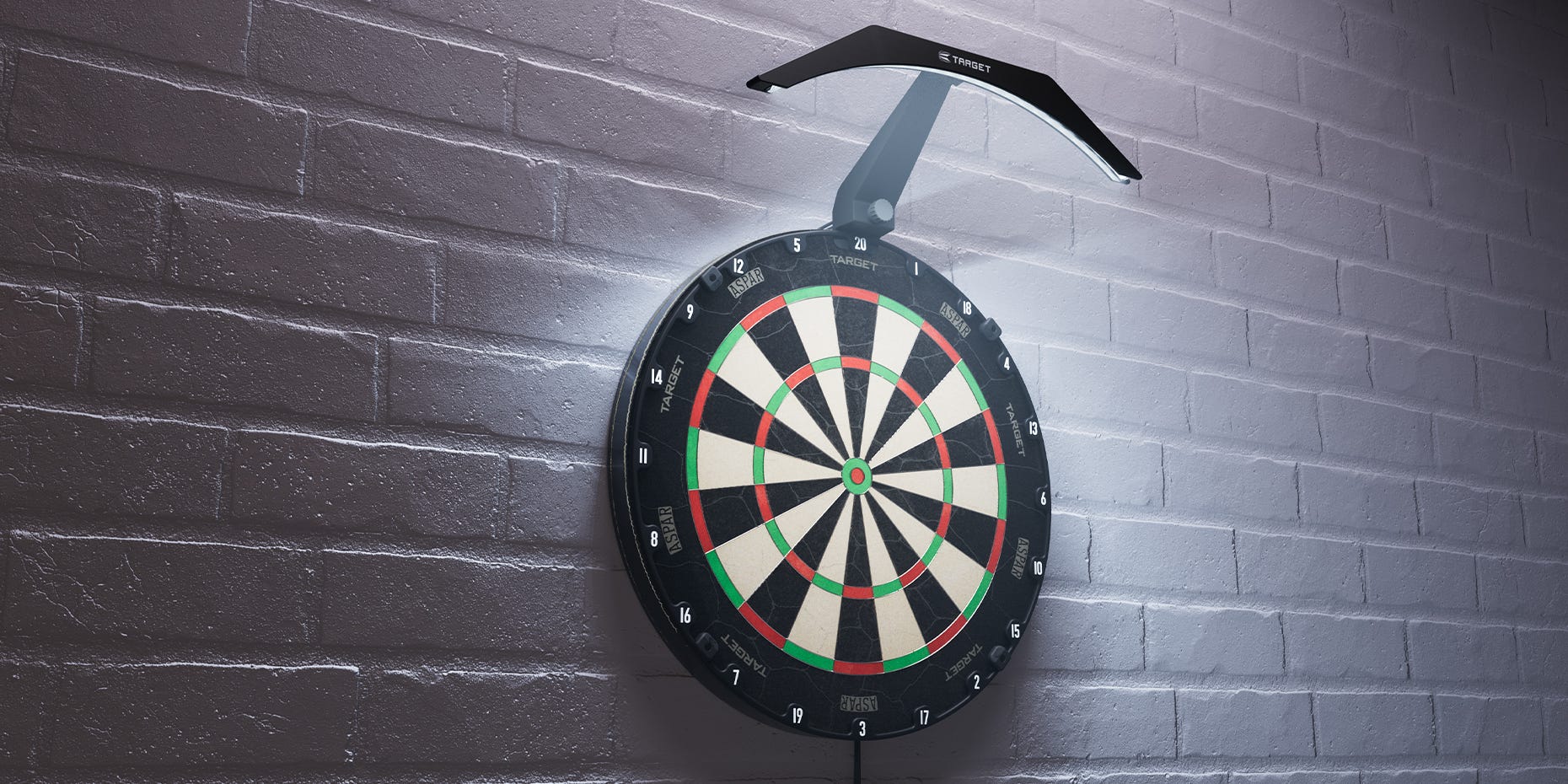 The Arc Dartboard Light attached to an Aspar Dartboard showcasing the power of the LEDs.