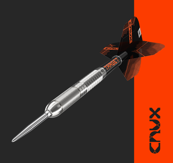 Angled view of the CRUX steel tip darts with CRUX logo