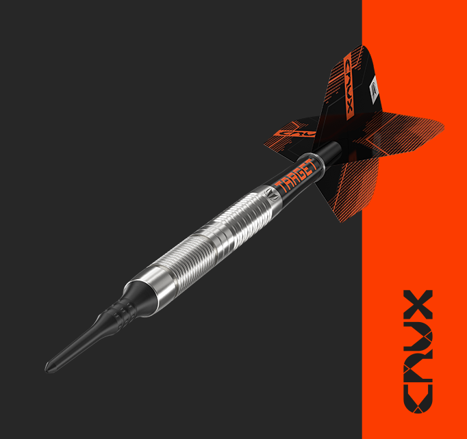Angled view of the CRUX soft tip darts with CRUX logo
