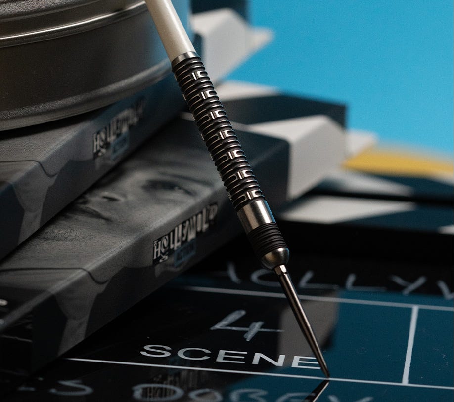 Angled view of the Hollywood Action Steel Tip Dart with Pro Grip Tag shaft and Swiss Point.