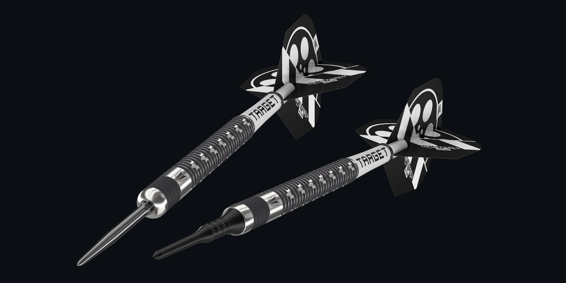 Angled view of both the 'Hollywood Action' steel tip and soft tip darts.