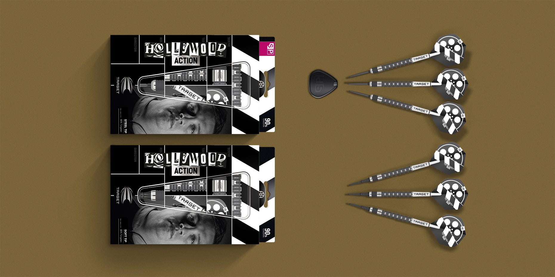 A view of what's in the box of the Hollywood Action Steel Tip and Soft Tip Darts Boxes