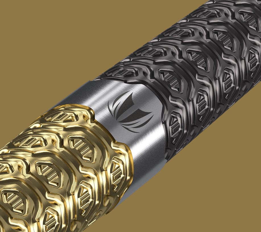 Close-up view of the striking black and gold performance coating on the Cult Envy.
