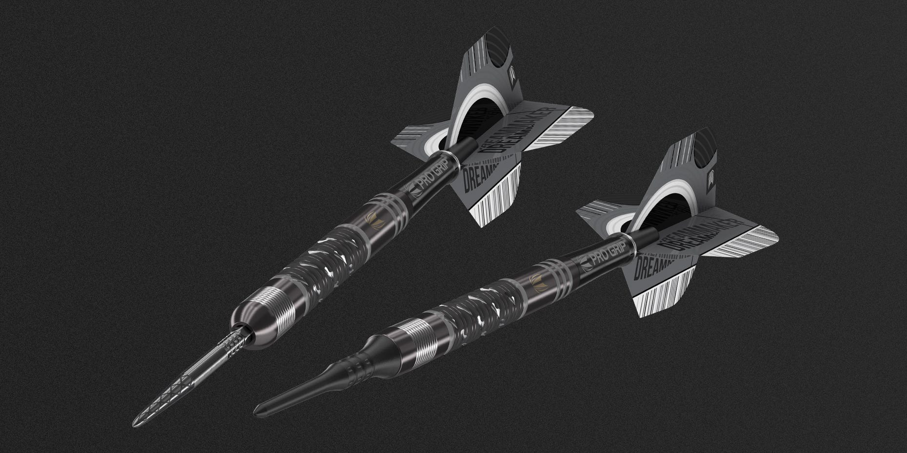 Angled view of the Dimitri Van den Bergh x Echo steel tip and soft tip darts.