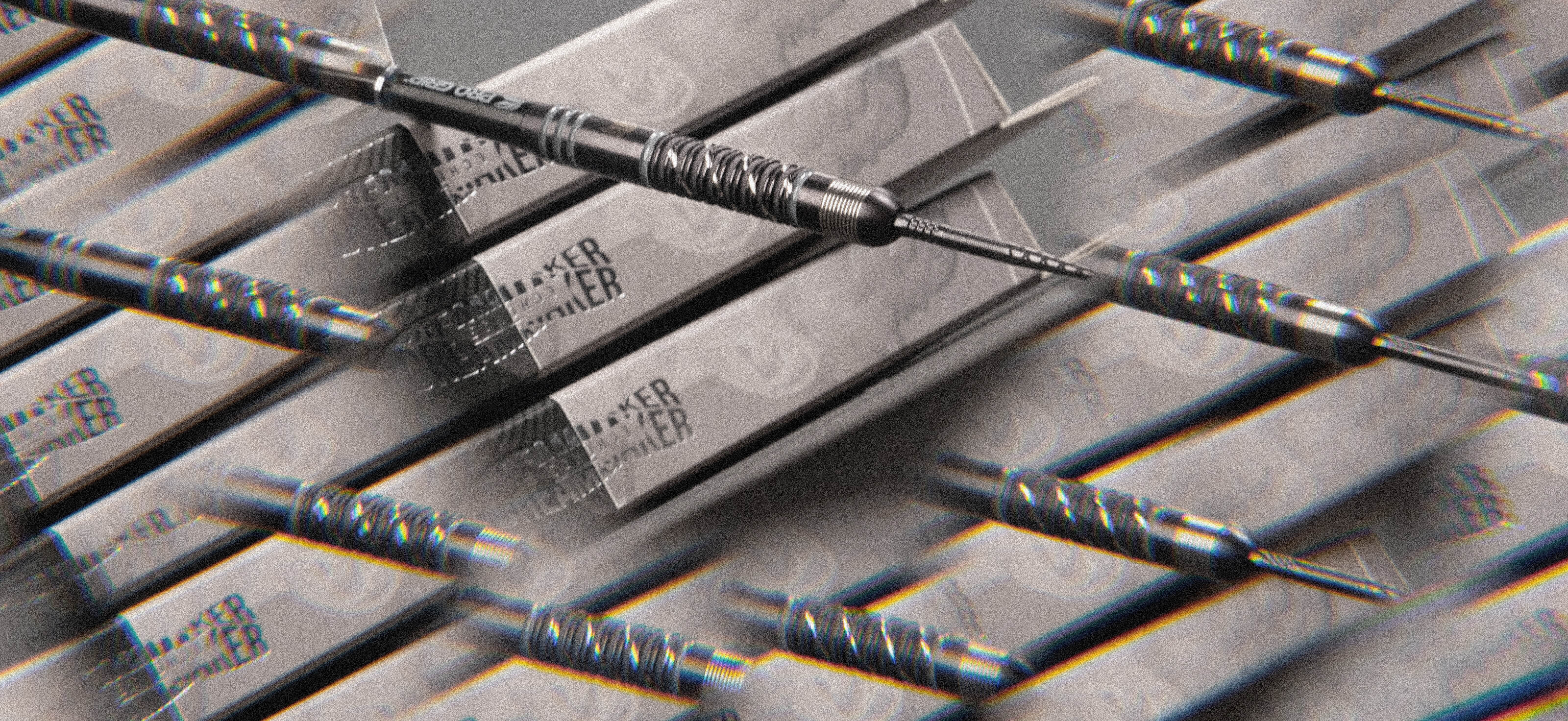 Close-up of the Dimitri Van den Bergh x Echo steel tip darts.