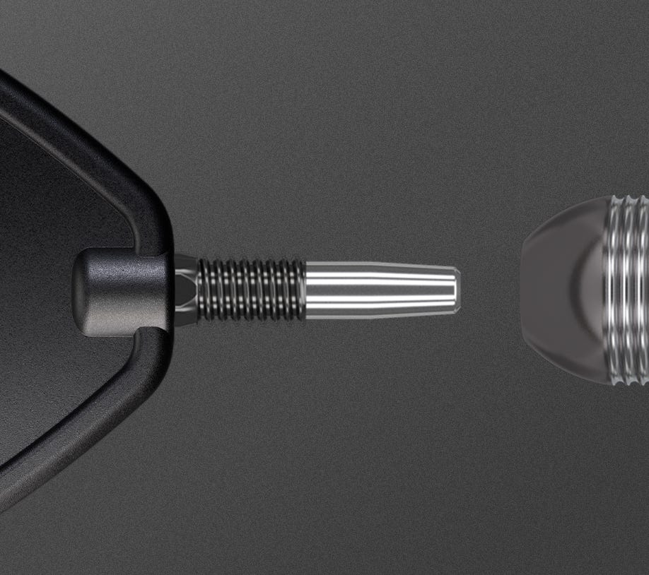 Close-up of the patented Swiss Point Technology used on the Dimitri Van den Bergh x Echo steel tip darts.