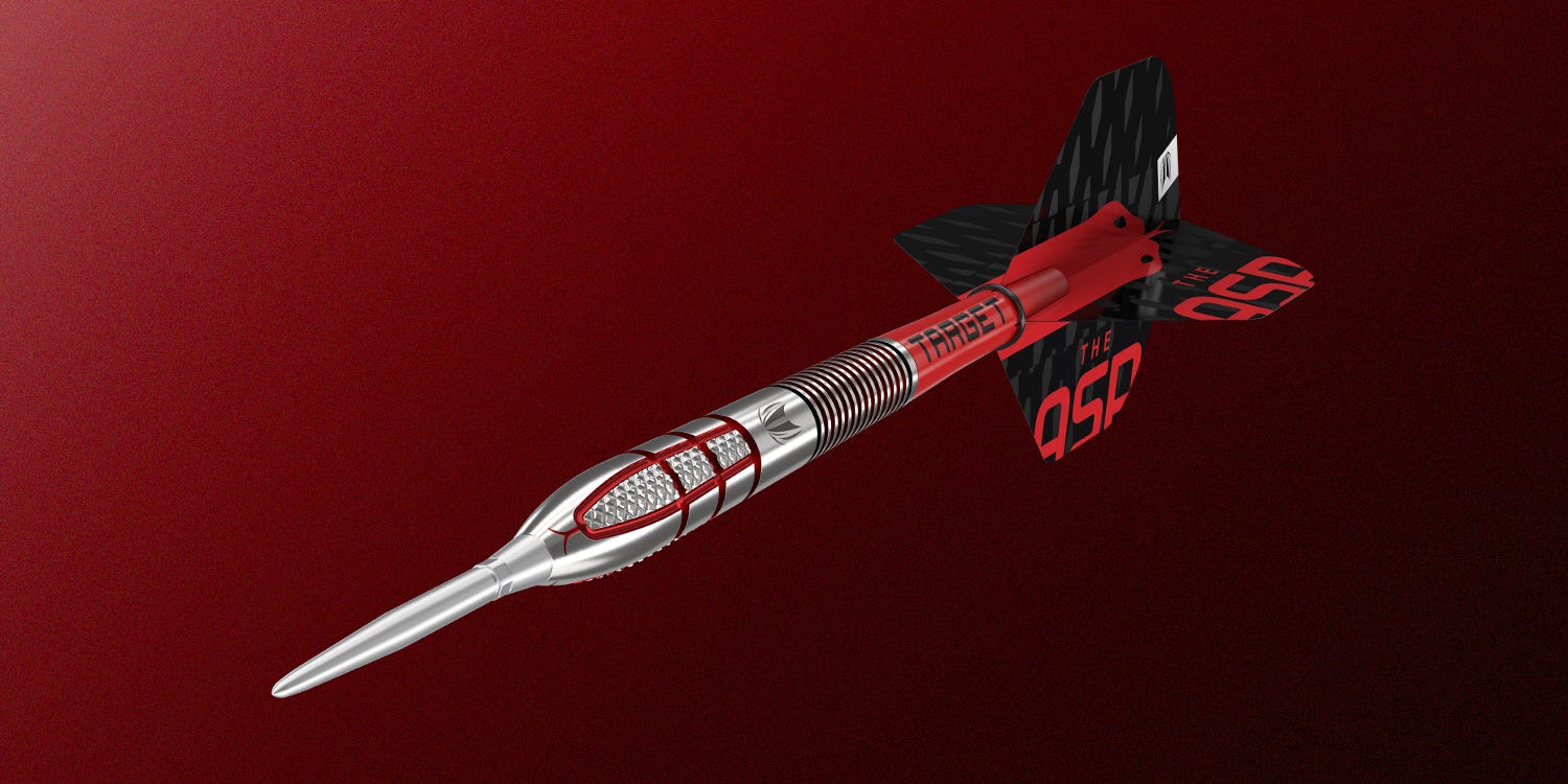 Angled view of the Nathan Aspinall G2 steel tip dart