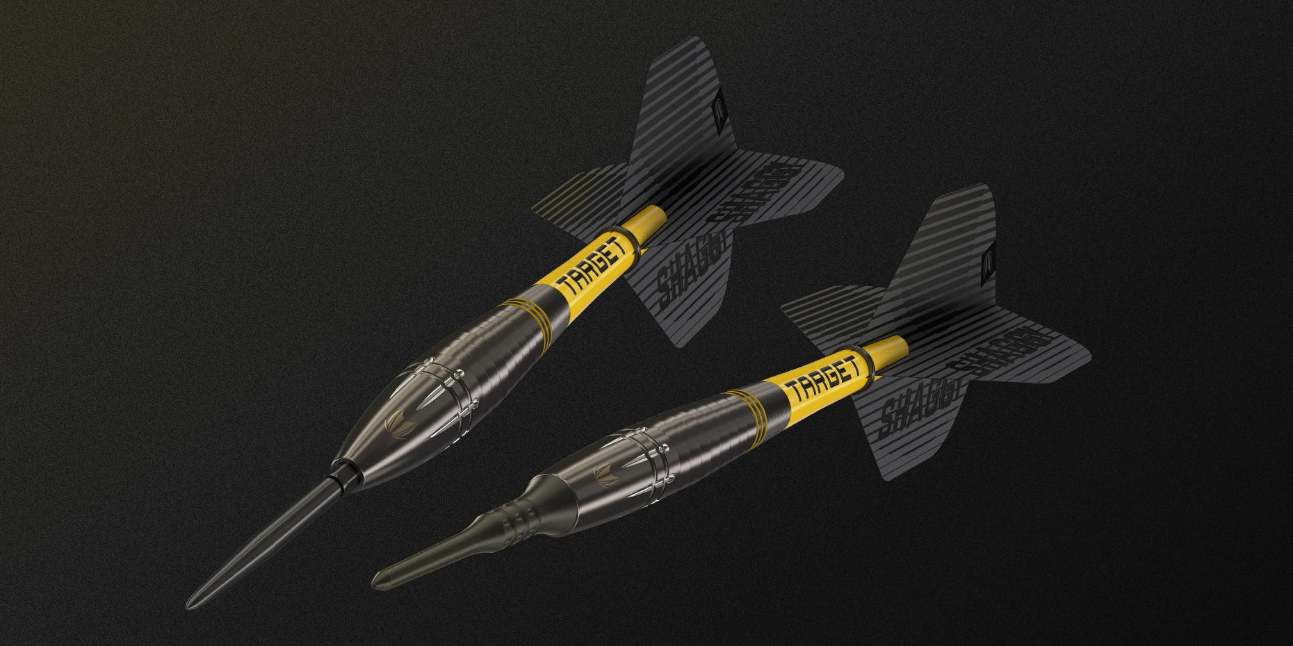 Angled view of the Scott Williams Black steel tip and soft tip darts.