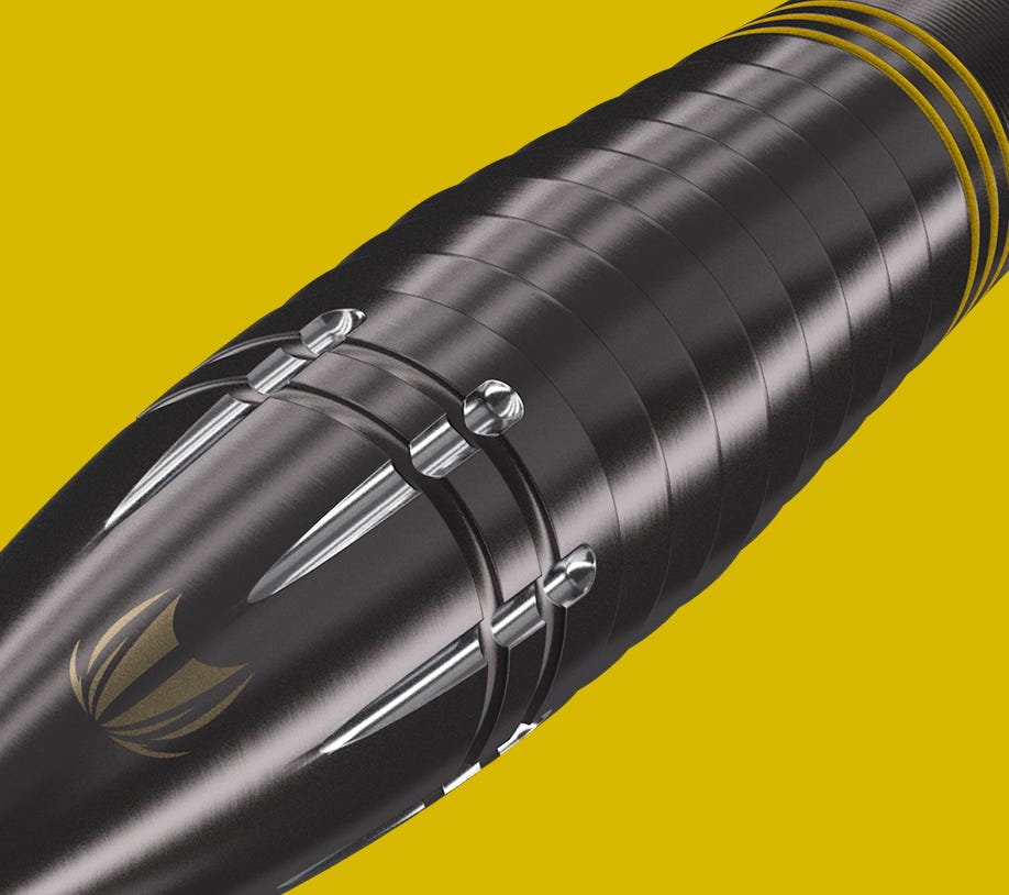 Close-up view of the torpedo-shaped Scott Williams Black dart barrel.