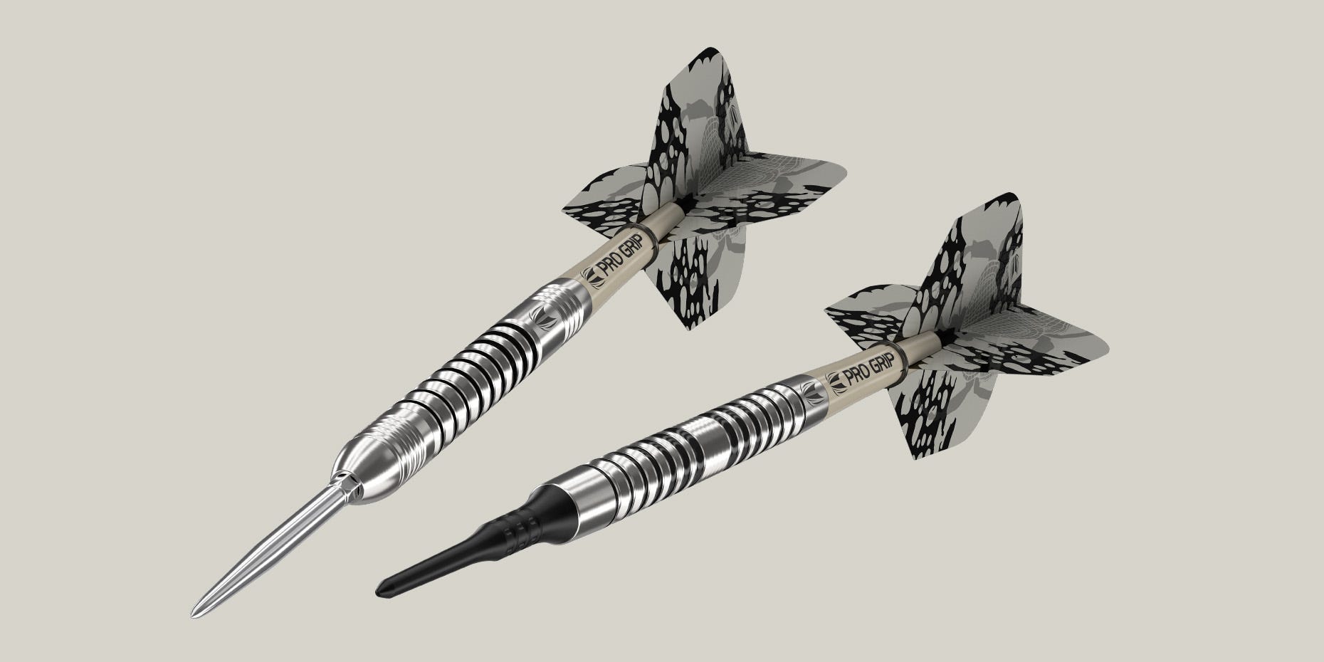 Angled view of a EXO steel tip dart and soft tip dart.