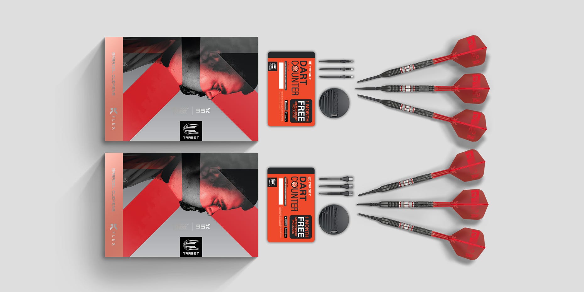 The Gabriel Clemens 95k steel tip darts box contents