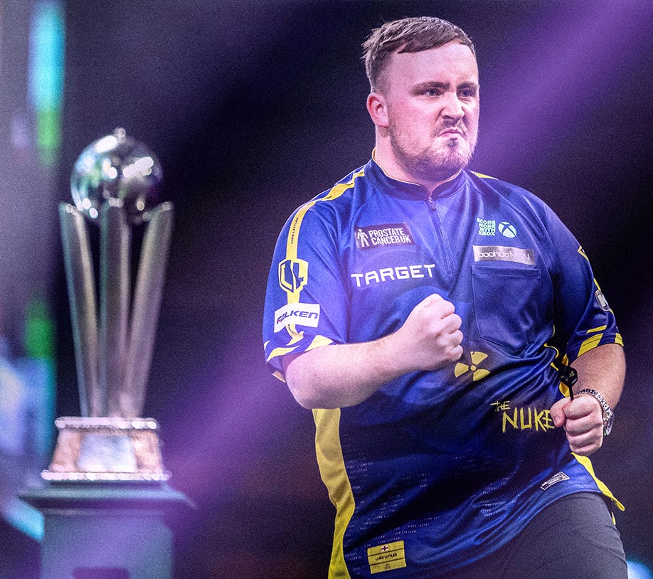 Luke Littler celebrating winnning a leg of darts in the World Darts Championship 2025