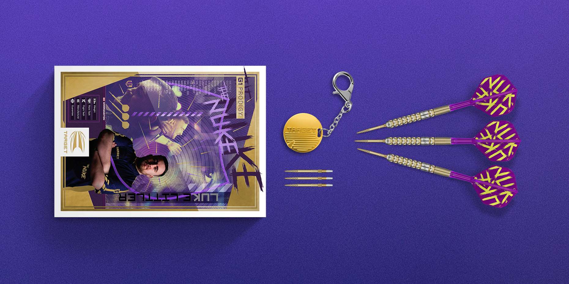 Luke Littler G1 Prodigy dart set comes with 3 sets of darts, extra Swiss Points, and an exclusive Swiss Premium Key.