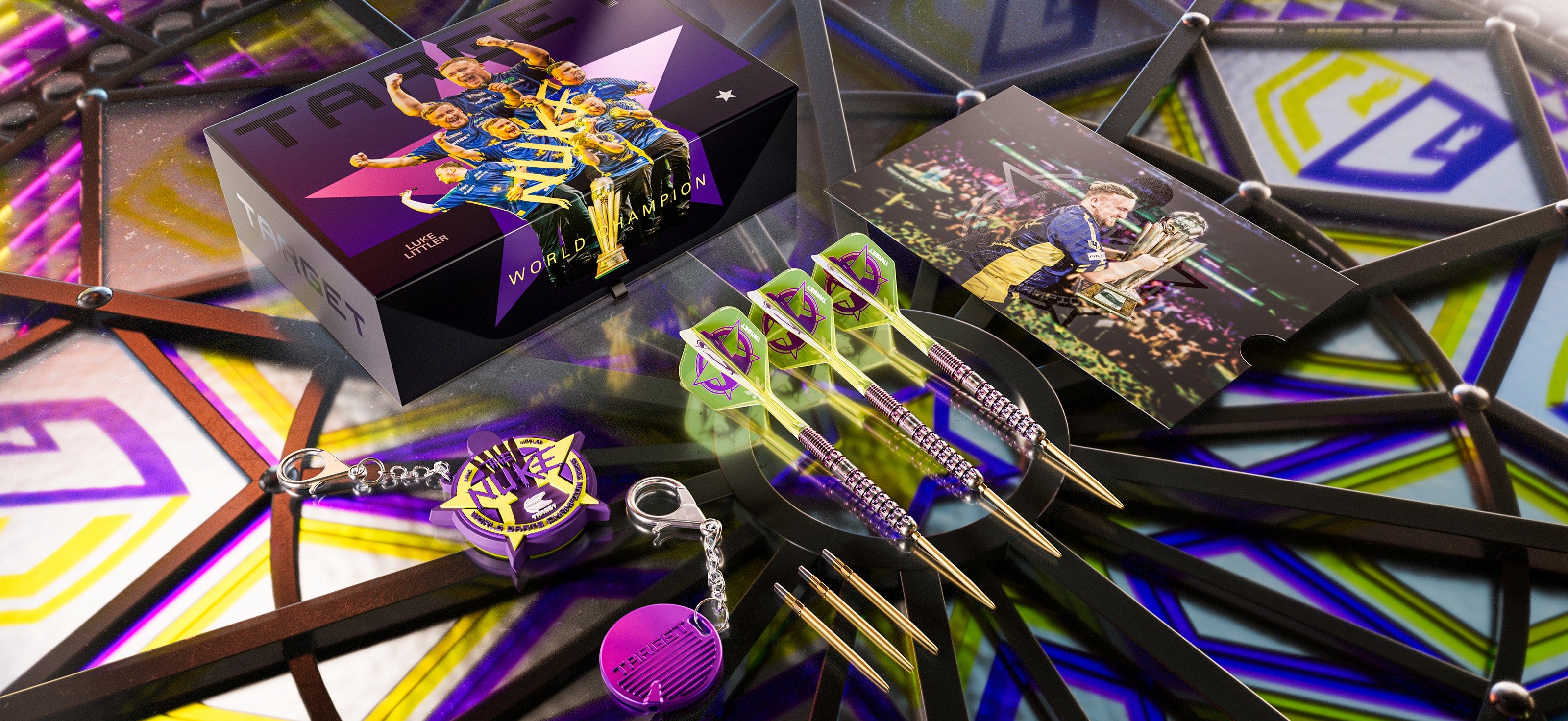 Luke Littler G1 World Champion Edition Swiss Point Darts with accessories and card laid out