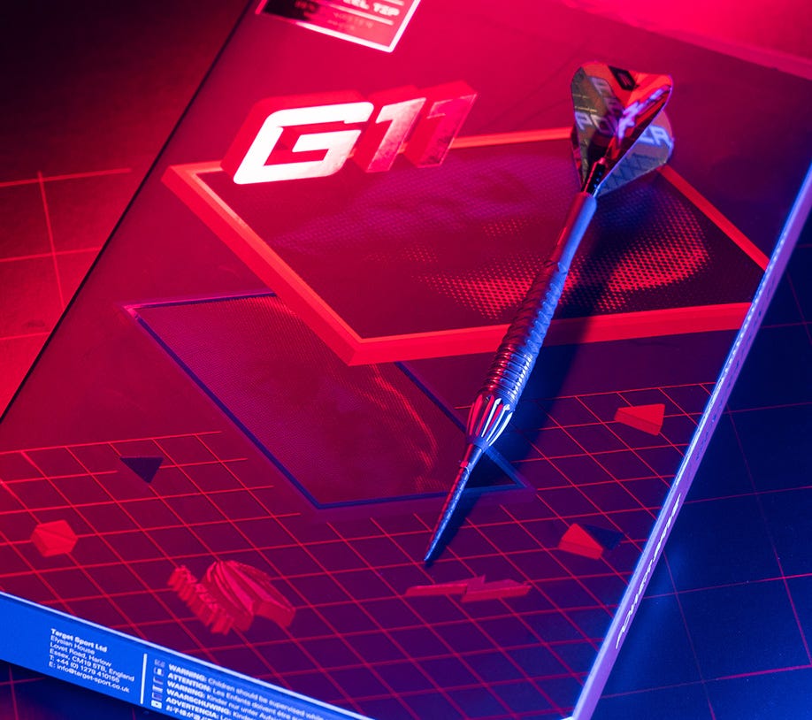 Phil Taylor G11 Darts Lifestyle shot with Cyber Punk Themed background