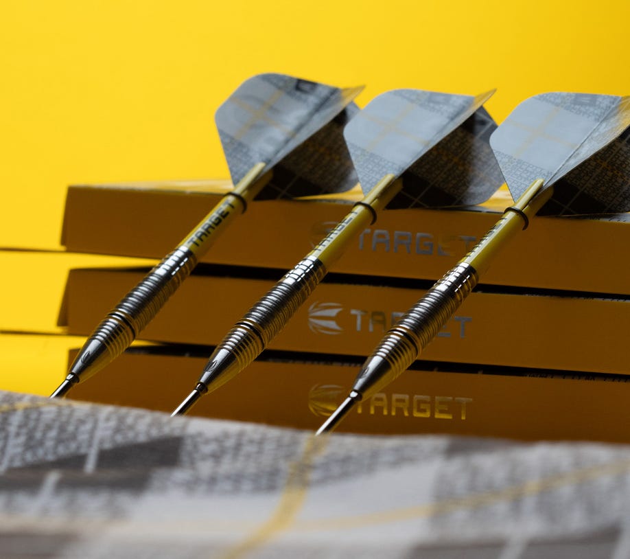 Close-up view of the Scott Williams G2 steel tip dart set