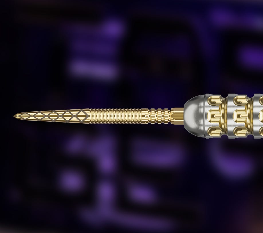 Close-up of the 26mm Swiss DX Point in a Luke Littler G1 Prodigy dart.